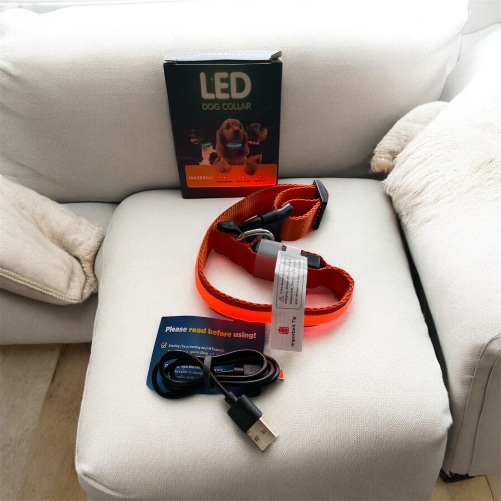 New Orange LED Dog Collar rechargeable with cable size MEDIUM